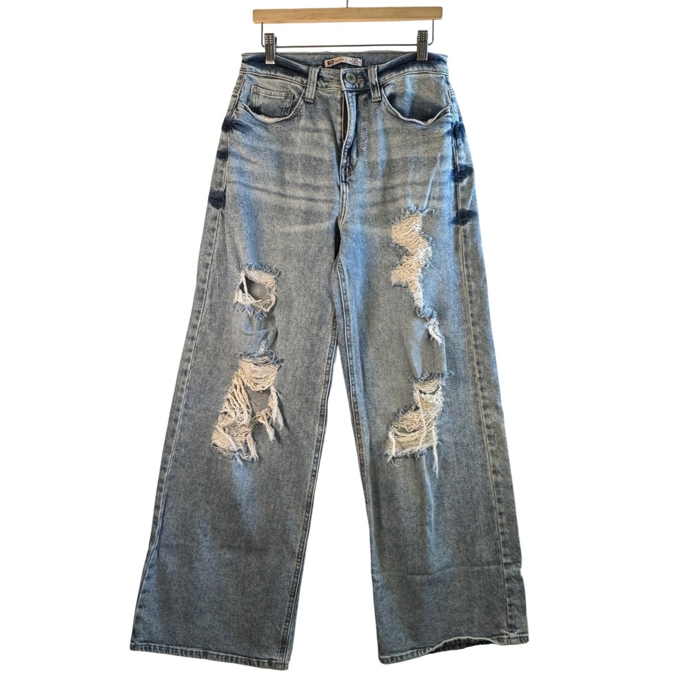 SO Super High Rise Wide Leg Jeans Light Distressed Denim 5/27W Y2K 90s Grunge